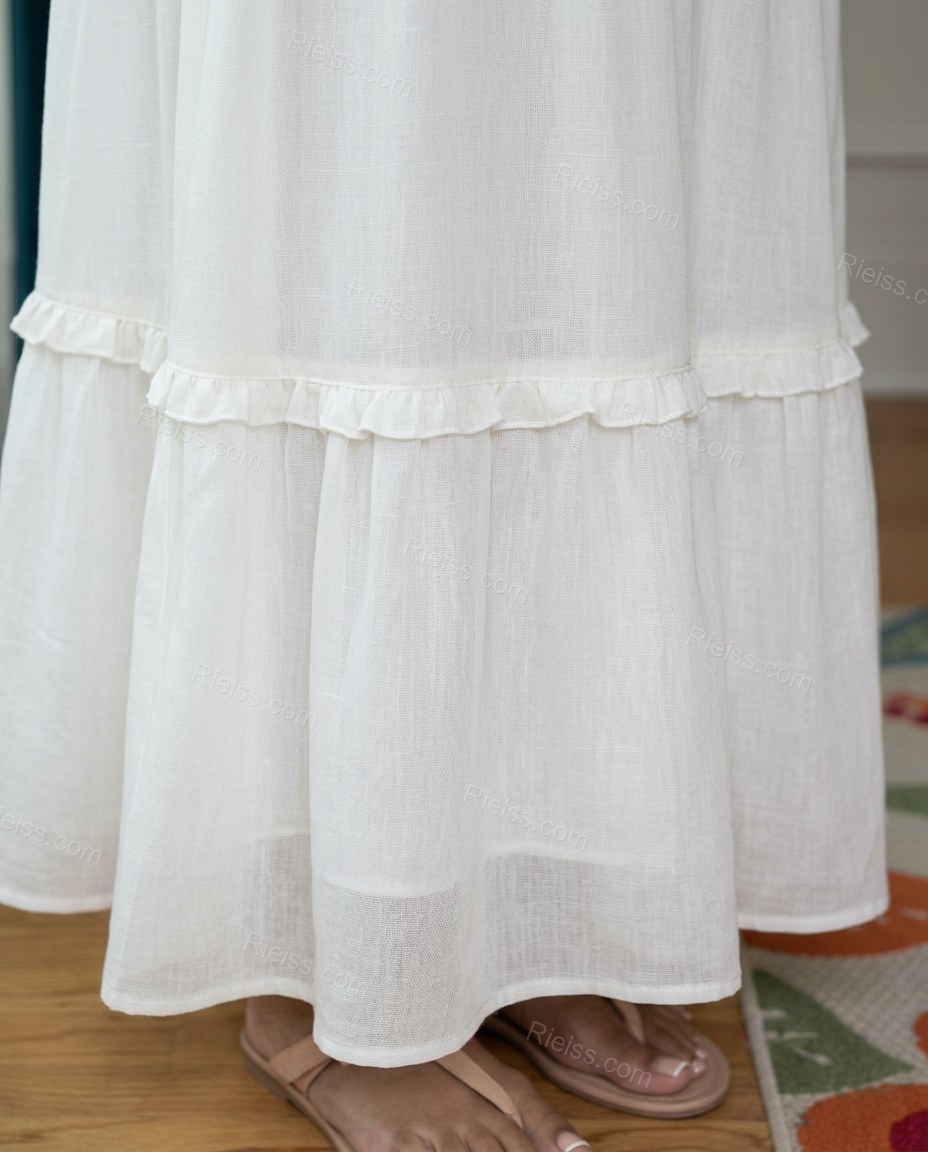 White Maxi Ruffled Tiered Dress, close-up of ruffle trim, tie front and tiered skirt, by Rieiss