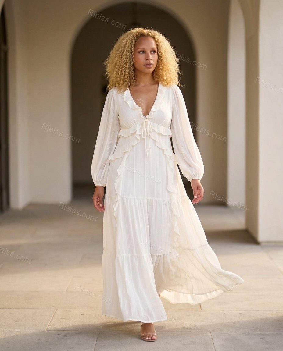 White Maxi Ruffled Tiered Dress, walking lifestyle view, by Rieiss