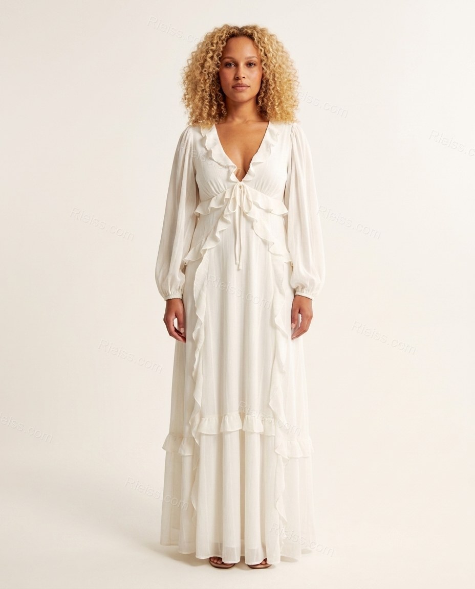 White Maxi Ruffled Tiered Dress, front studio view, by Rieiss
