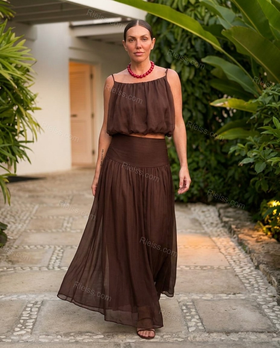 Dark_brown Maxi Chiffon Skirt Set, full-length hero view, by Rieiss