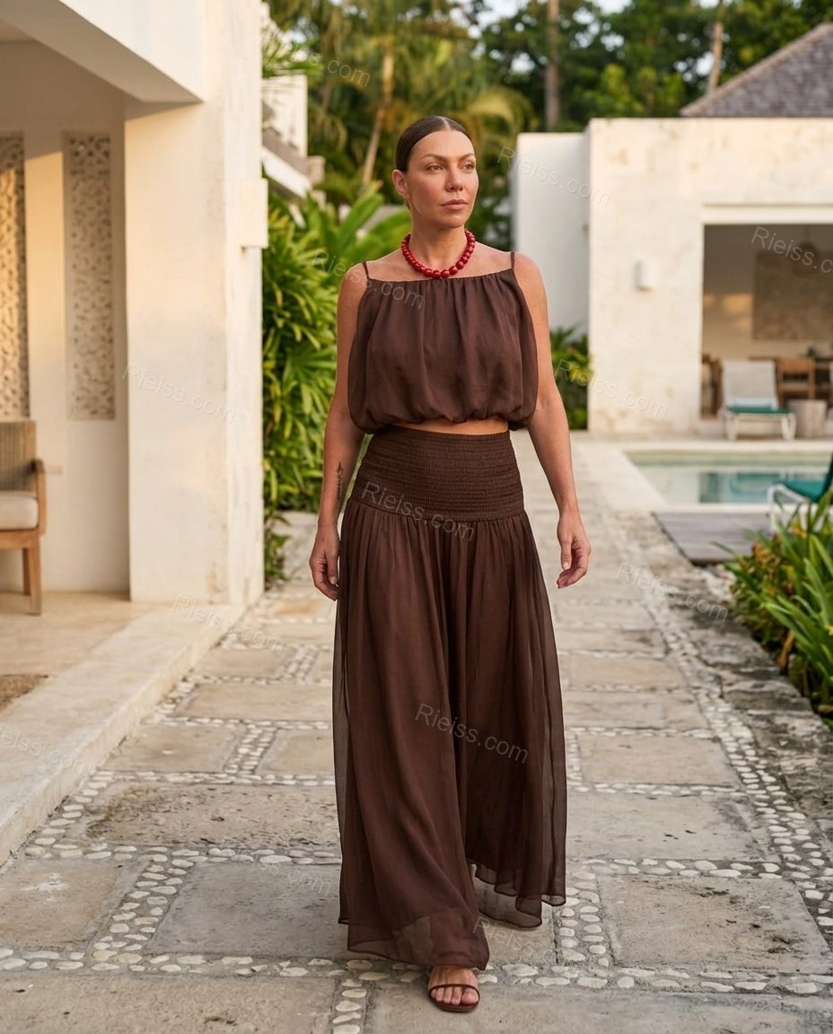 Dark_brown Maxi Chiffon Skirt Set, three-quarter brand lifestyle view, by Rieiss