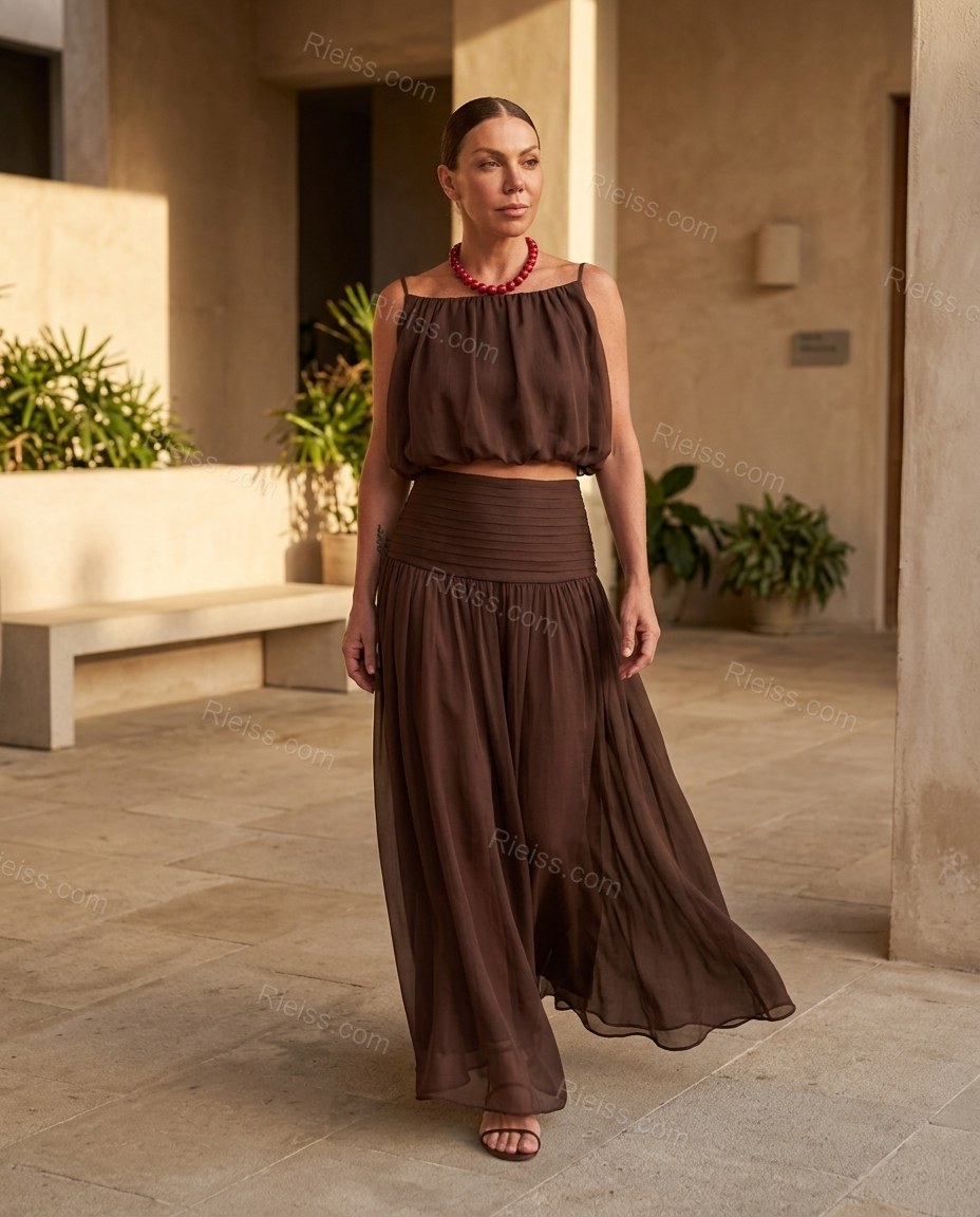 Dark_brown Maxi Chiffon Skirt Set, movement and fit lifestyle view, by Rieiss