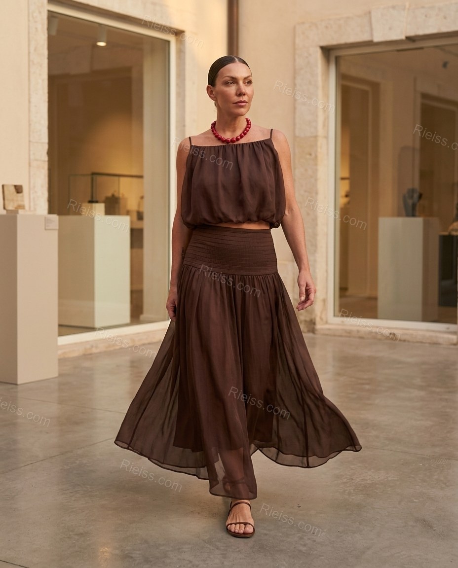 Dark_brown Maxi Chiffon Skirt Set, walking lifestyle view, by Rieiss