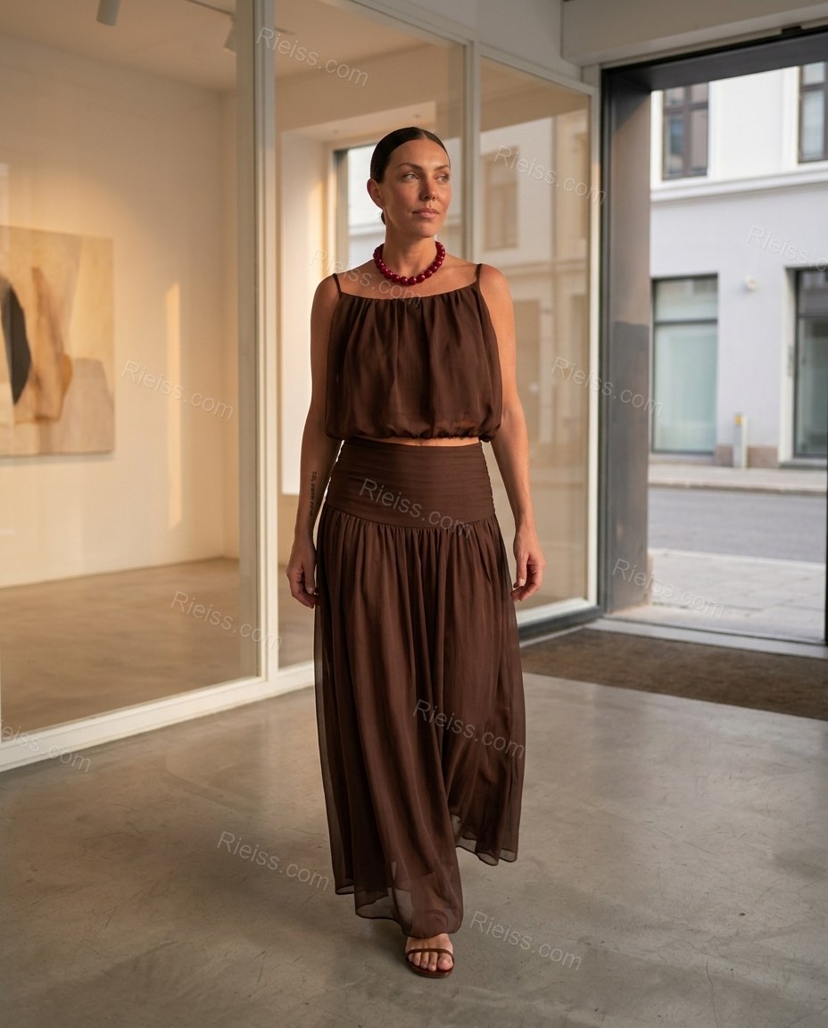 Dark_brown Maxi Chiffon Skirt Set, alternate use-case lifestyle view, by Rieiss
