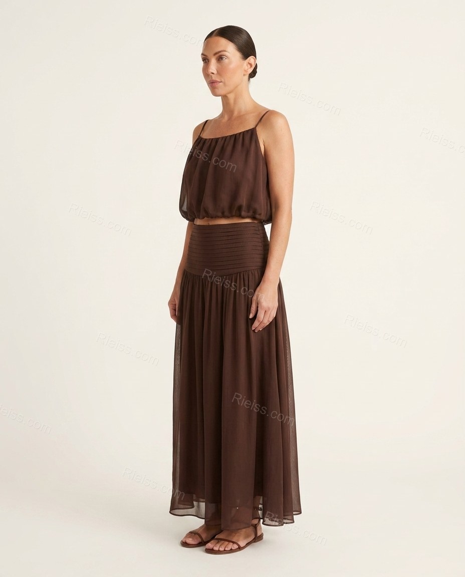 Dark_brown Maxi Chiffon Skirt Set, side and back studio view showing simple straight back bodice, continuous skirt panel, by Rieiss