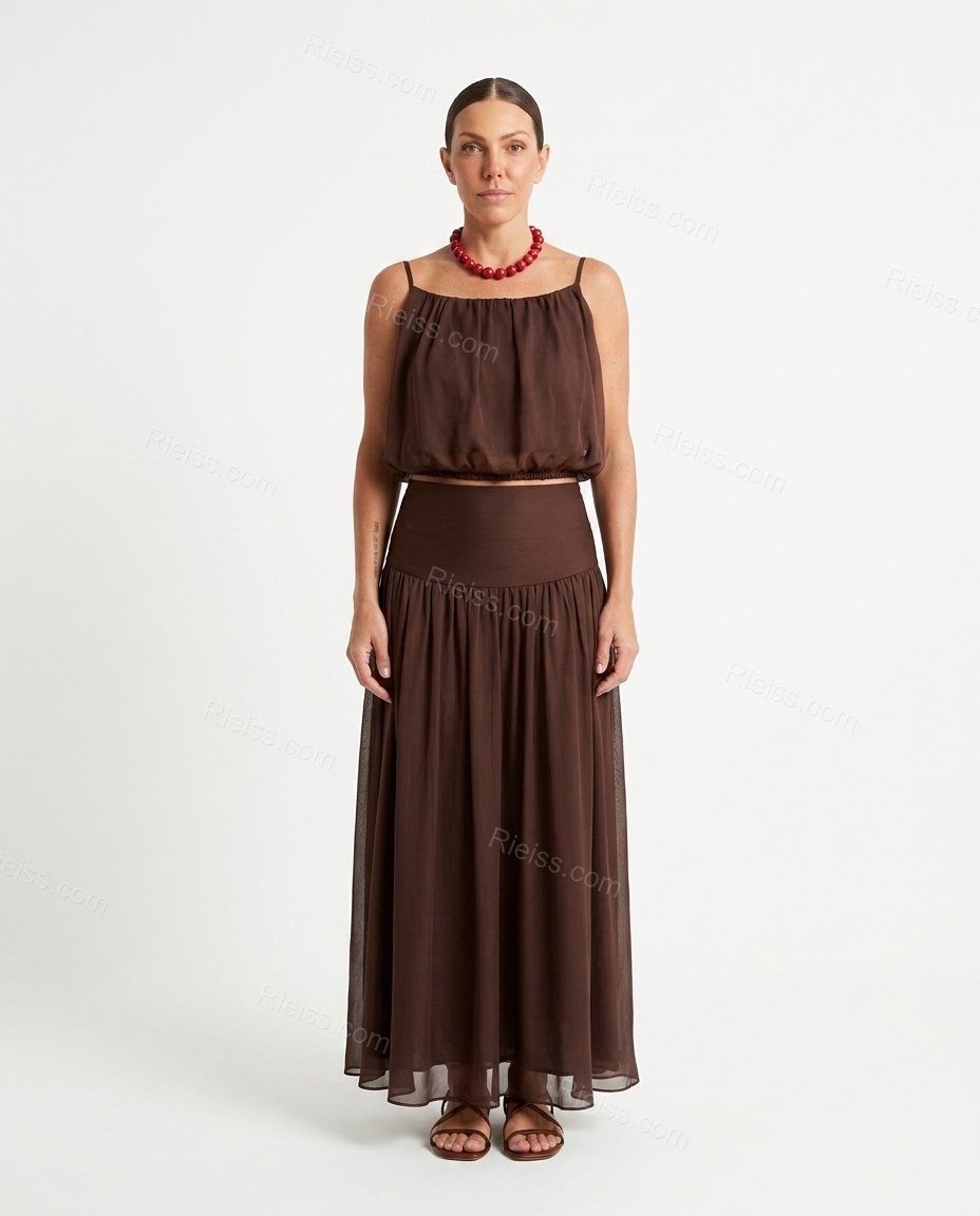 Dark_brown Maxi Chiffon Skirt Set, front studio view, by Rieiss