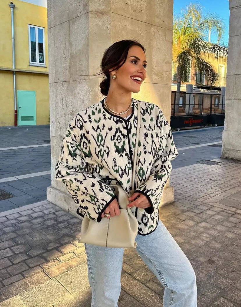 Geometric Print Quilted Thin Jacket-Massicos