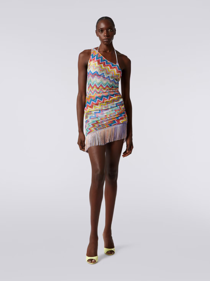 One-shoulder Fringed Crochet-knit Mini Dress