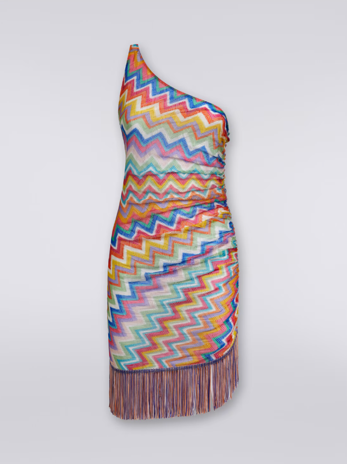 One-shoulder Fringed Crochet-knit Mini Dress