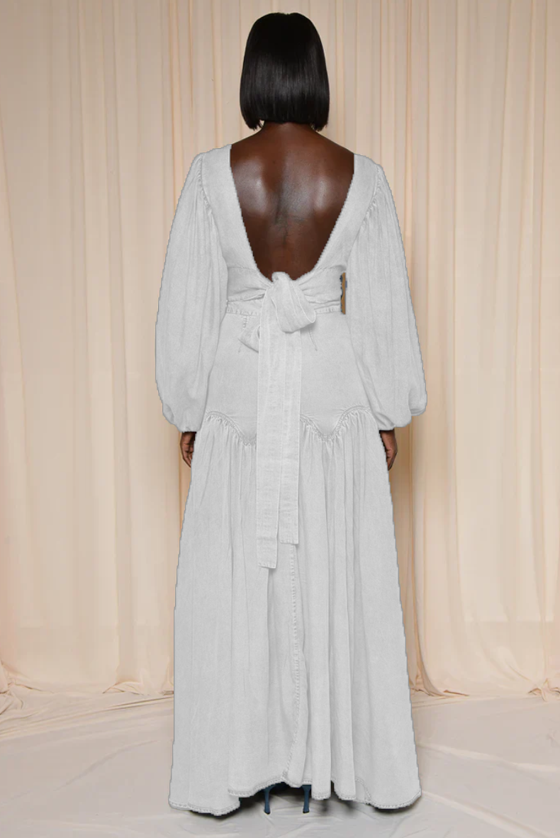 Blue Denim Deep V Neck Maxi Dress-Massicos