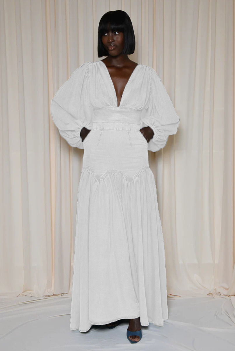 Blue Denim Deep V Neck Maxi Dress-Massicos