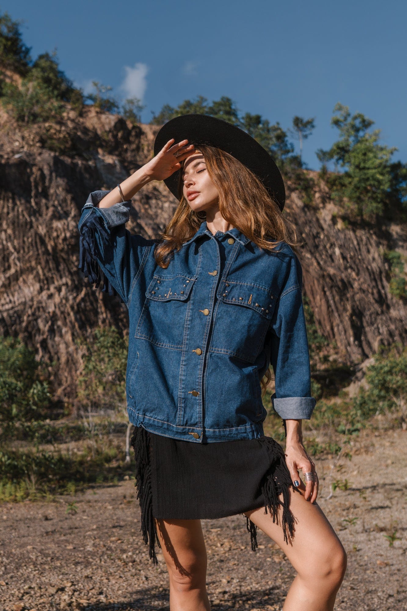 Floral Embroidered Denim Jacket-Massicos