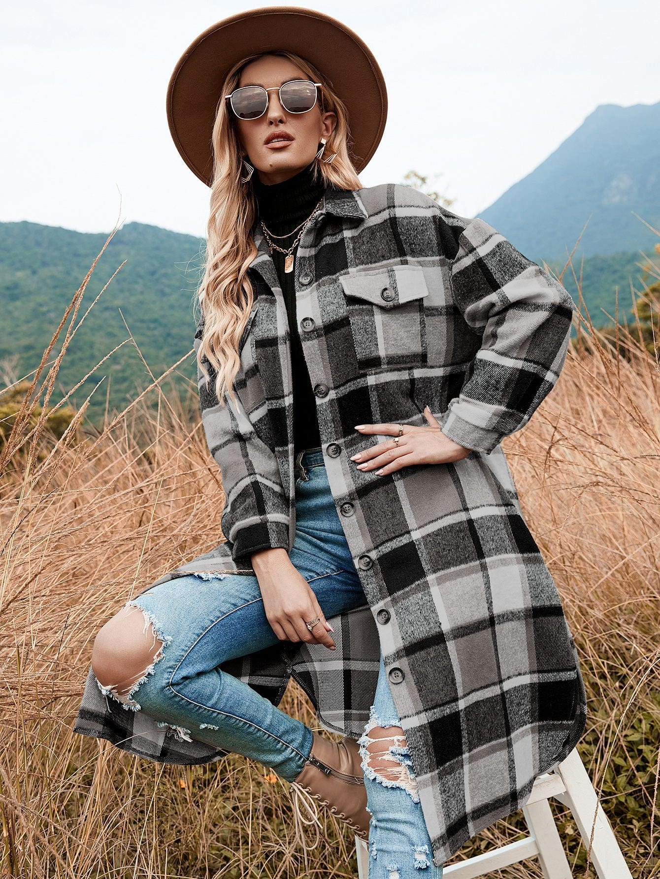 Celeste Longline Plaid Shacket-Massicos