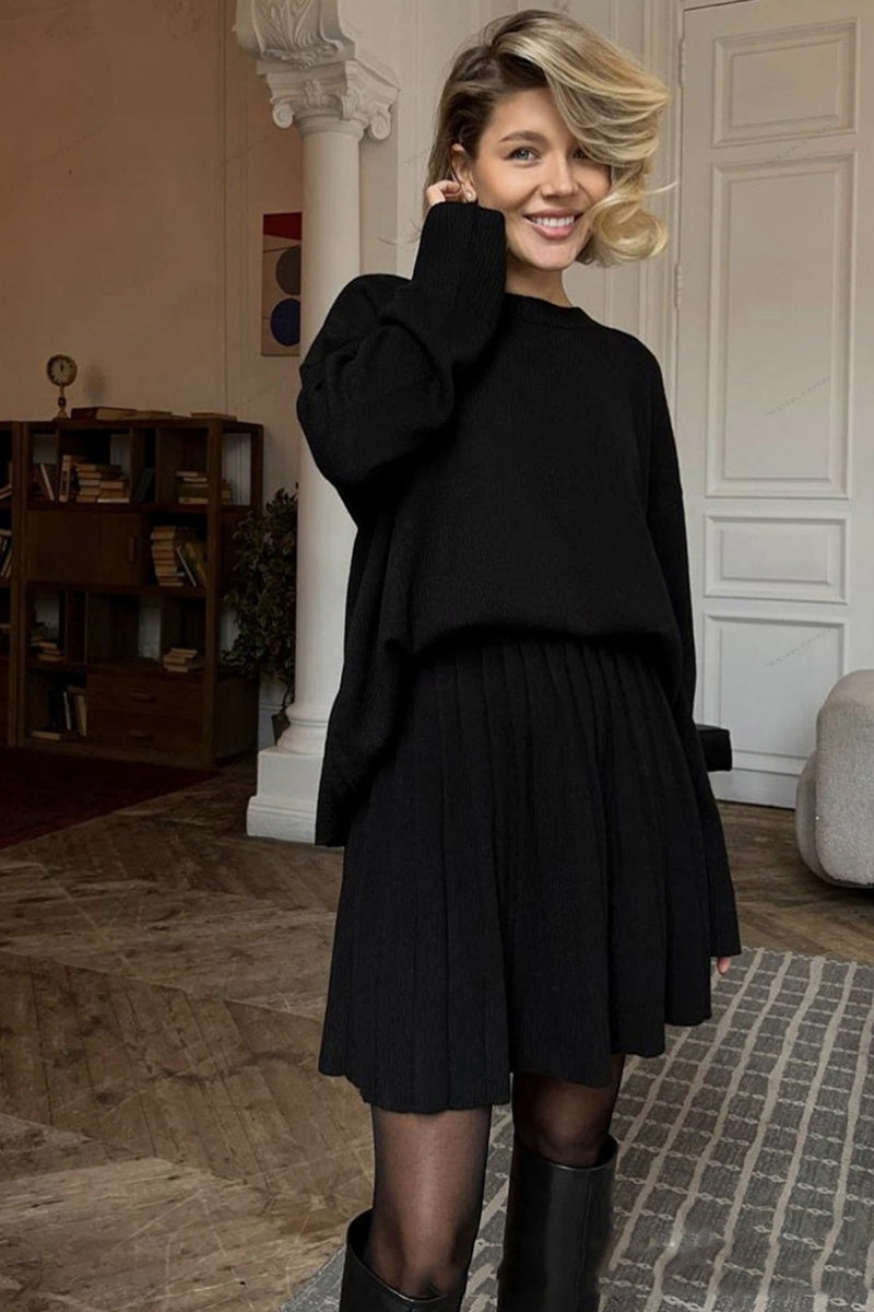 Solid Color Pullover Round Neck Sweater & Pleated Skirt Set-ROVOLE