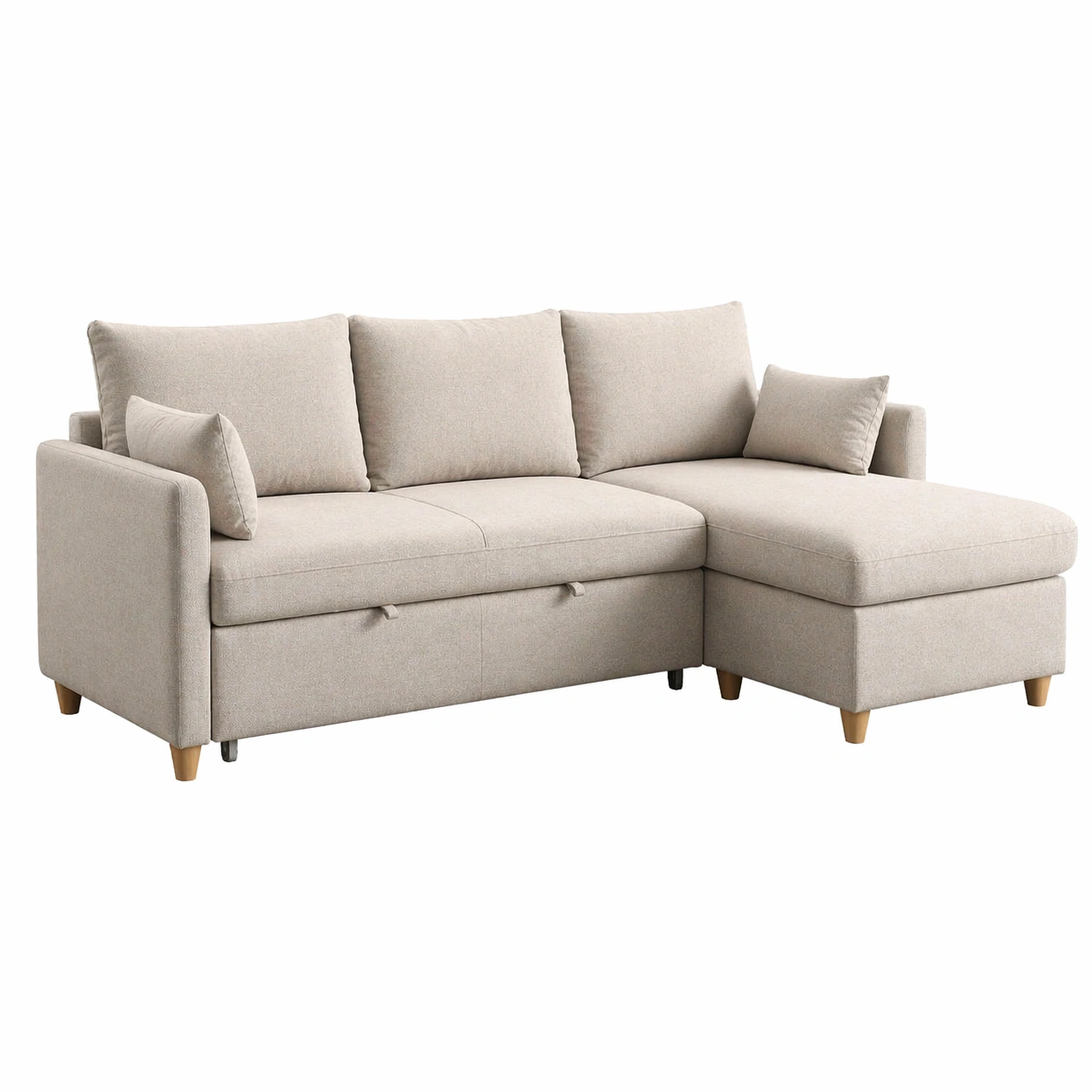4 Sitzer Ecksofa mit Schlaffunktion und Stauraum, moderne Wohnlandschaft mit Ottomane, Stoffsofa wasserabweisend, Beige, 221 x 161 x 88 cm-movlora