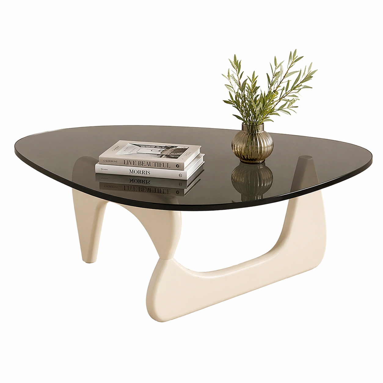 Moderner Couchtisch Dreieckig mit Glasplatte und Organischem Holzgestell Designer Wohnzimmertisch-movlora