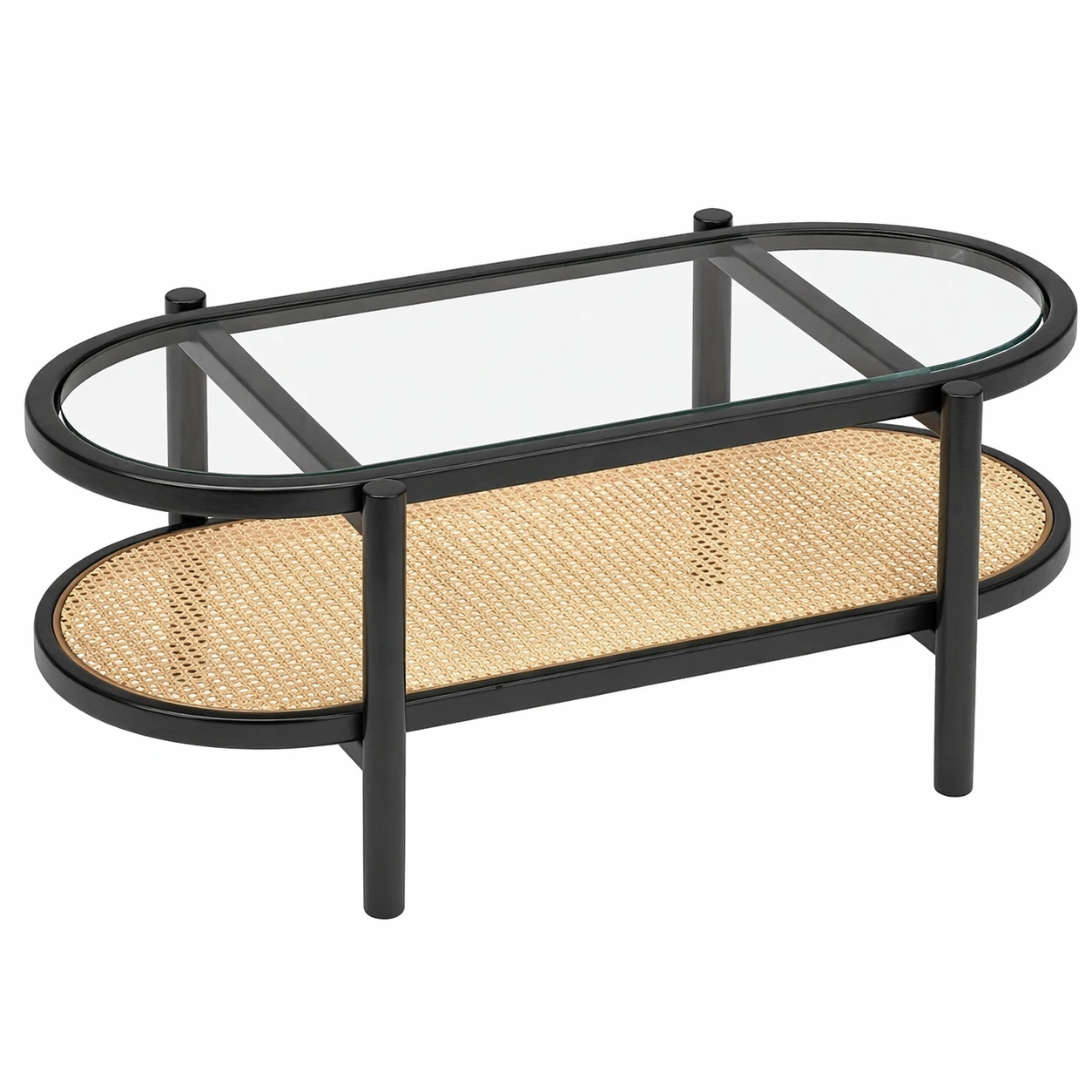 Ovaler Couchtisch mit Glasplatte und Rattan Ablage, 2 Ebenen Wohnzimmer Tisch, Modernes Design mit Stauraum, Holz Optik Tisch, Braun-movlora