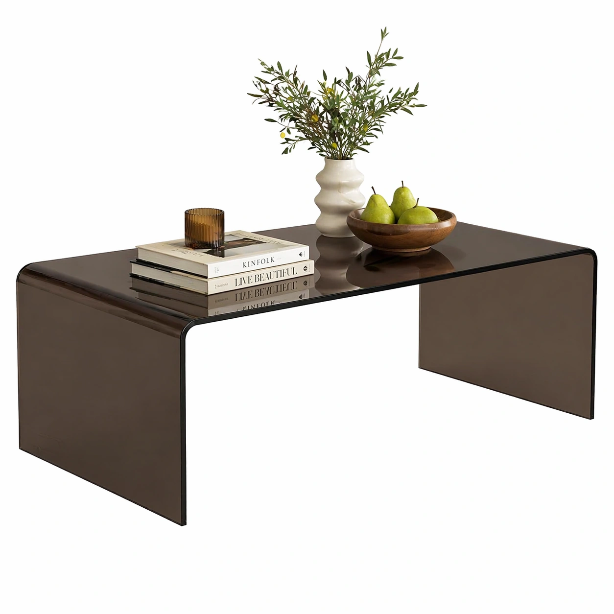 Moderner Couchtisch aus Glas in U Form, Rechteckiger Wohnzimmertisch mit abgerundeten Kanten, Minimalistischer Sofatisch, Transparent, 100 x 50 x 40 cm-movlora