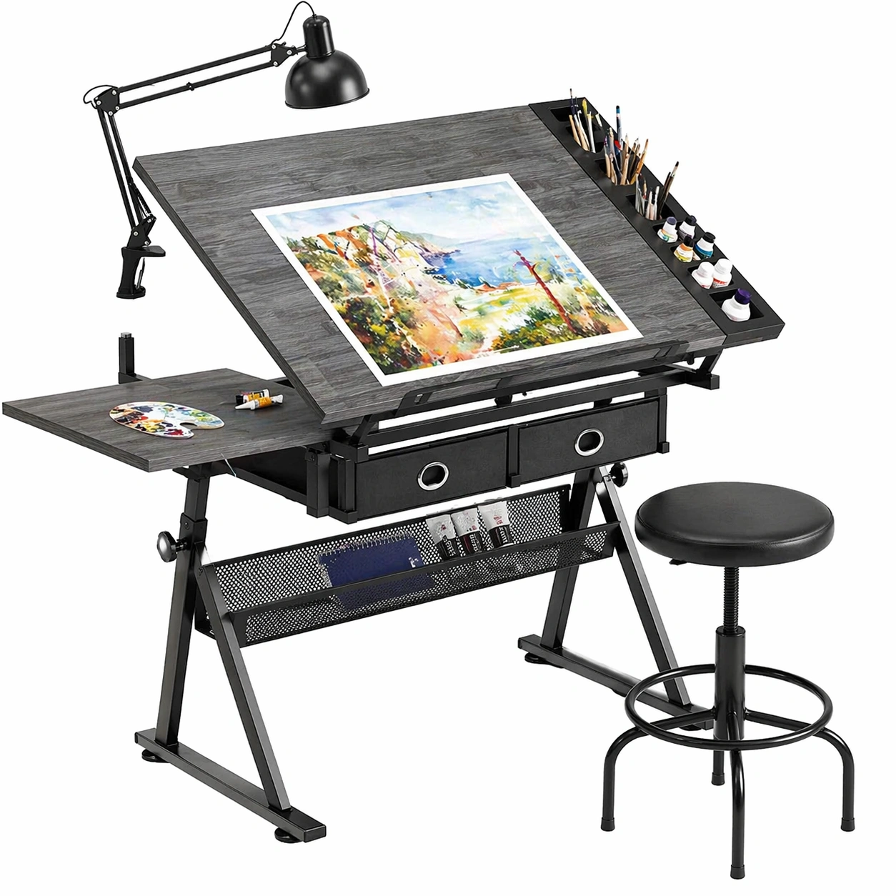 Verstellbarer Zeichentisch 0-80 Grad Neigbar Hoehenverstellbar Mit 2 Schubladen Zeichen Schreibtisch Grau Schwarz-movlora