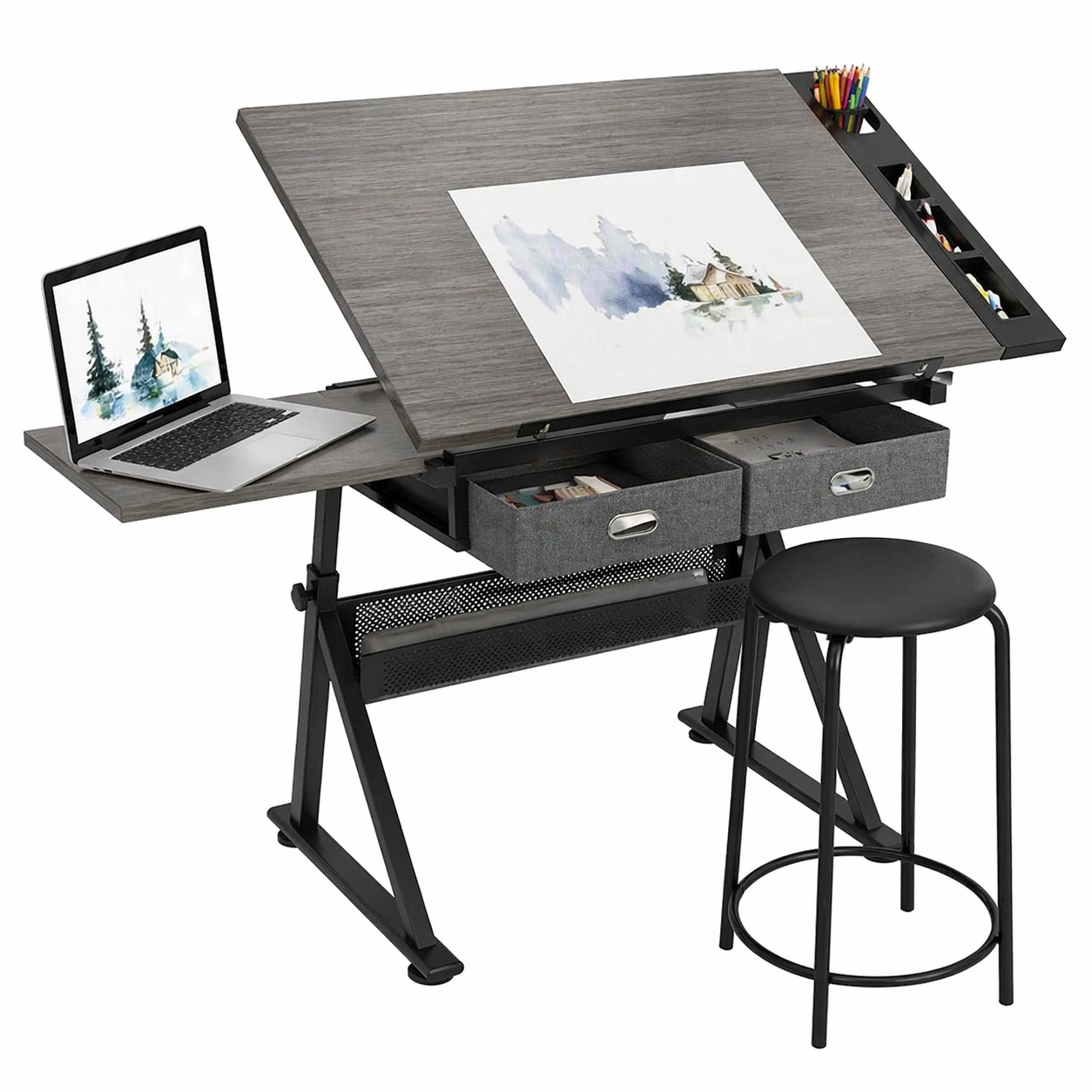 Hoehenverstellbarer Zeichentisch mit Neigbarer Arbeitsplatte und Stauraum Holz Grau Schwarz-movlora