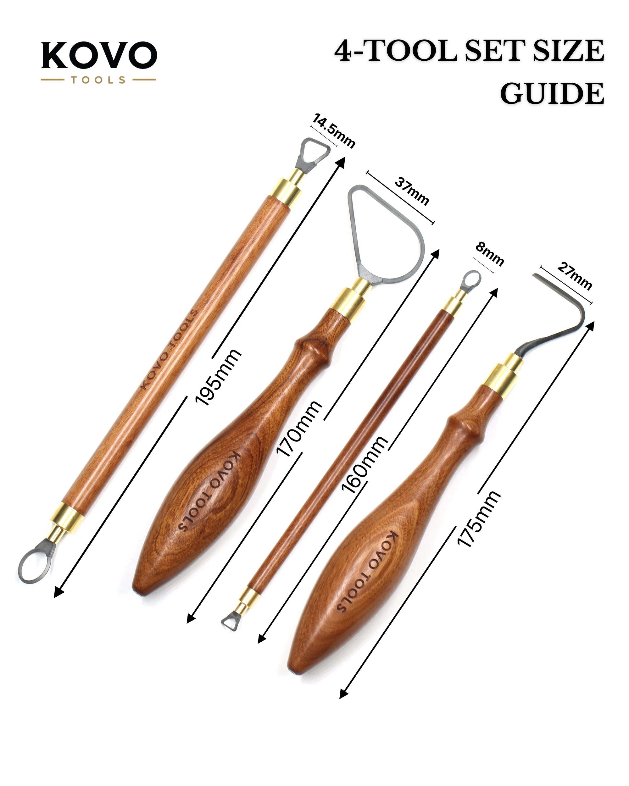Size guide for 4-piece carbide pottery trimming tool set