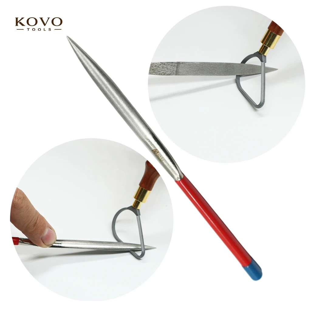 Half-round diamond file sharpening a carbide pottery trimming tool edge