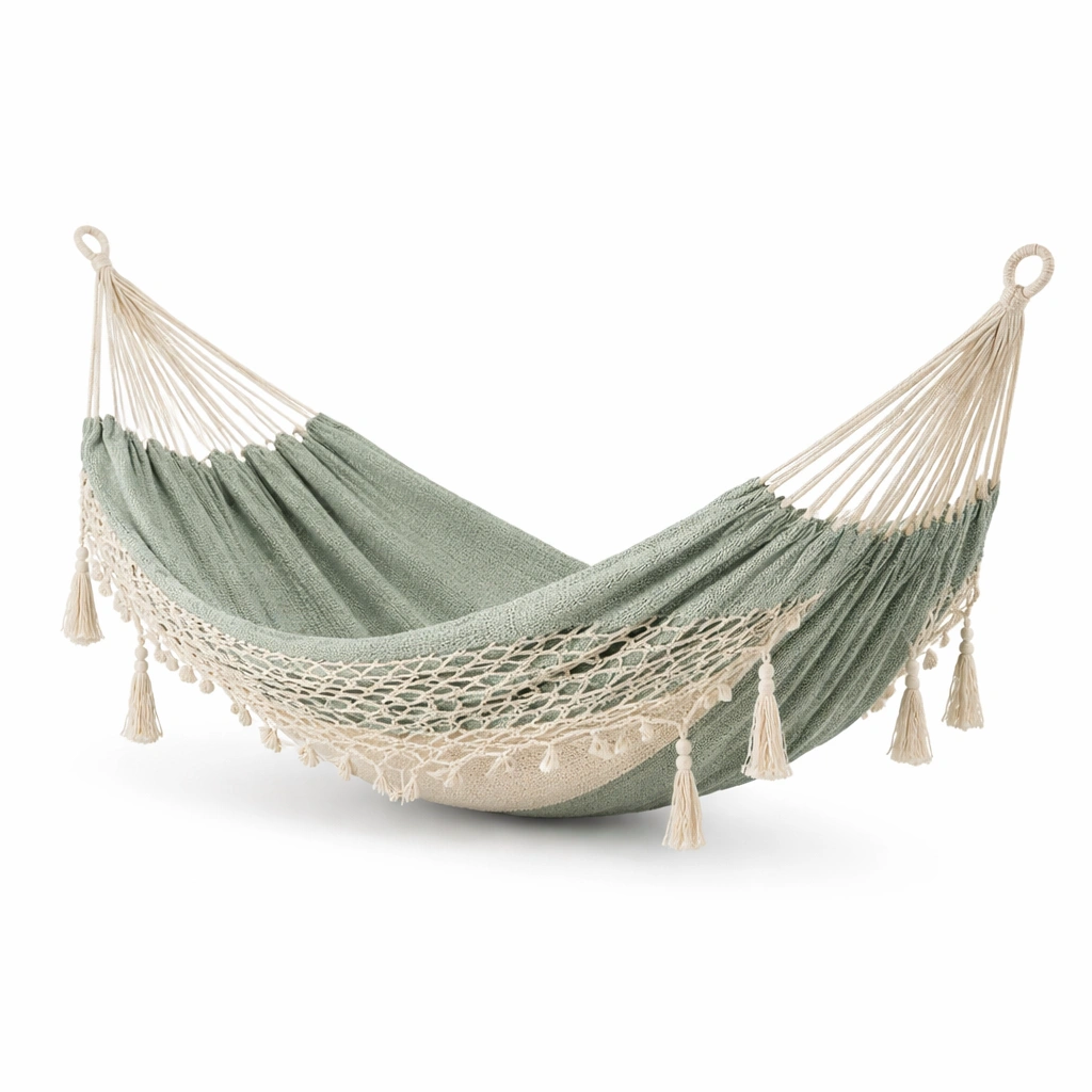 Hamaca de algodón verde y beige 200x150 cm-furnerio