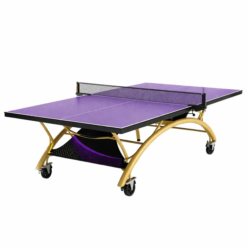 Mesa de ping pong plegable morada con estructura de acero dorada-furnerio