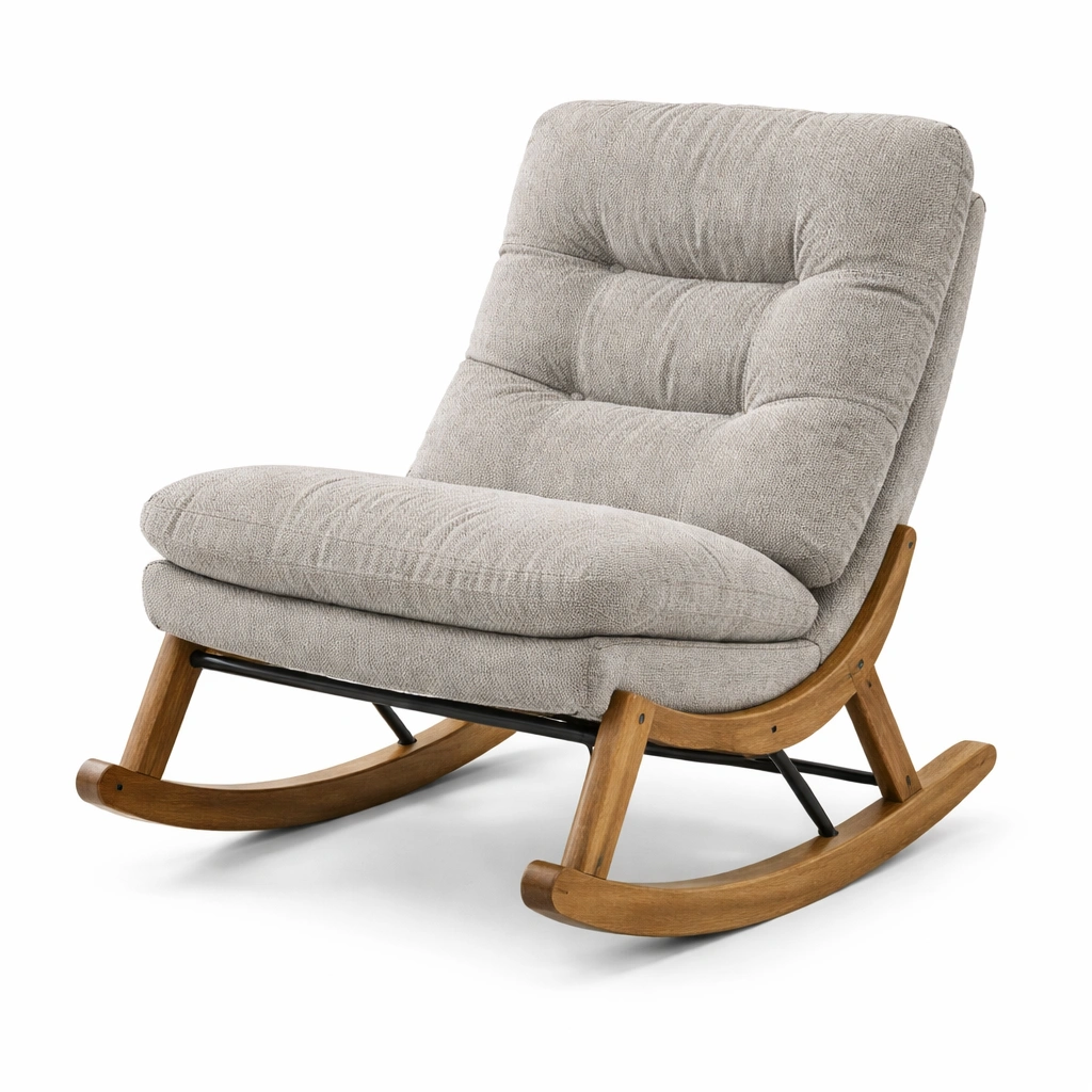 Silla mecedora de tela gris con estructura de madera-furnerio