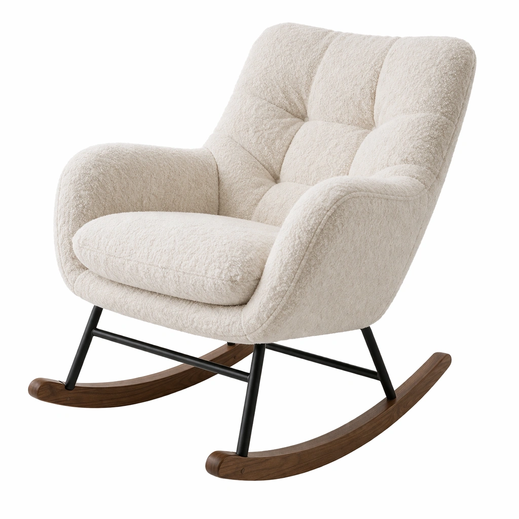 Silla mecedora tapizada beige con estructura de madera y metal-furnerio
