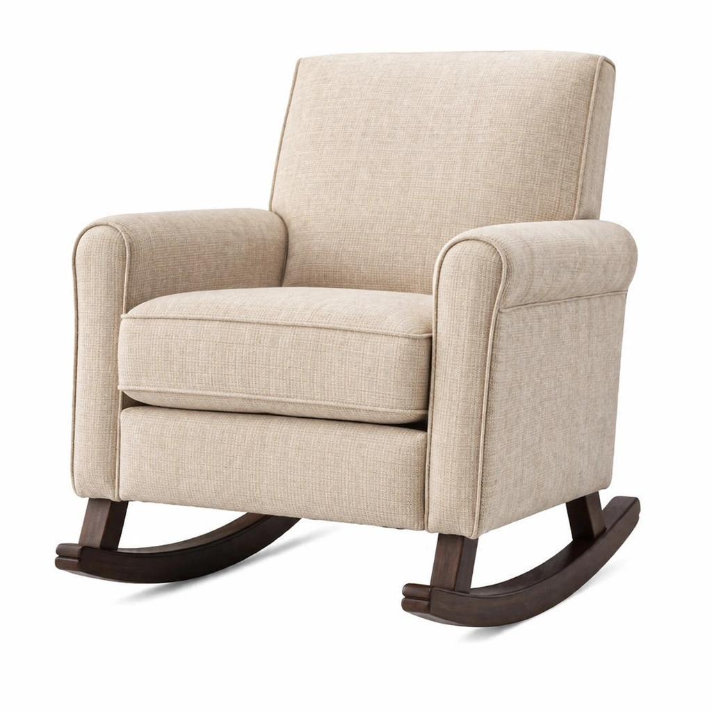 Silla mecedora de tela beige con patas de madera-furnerio