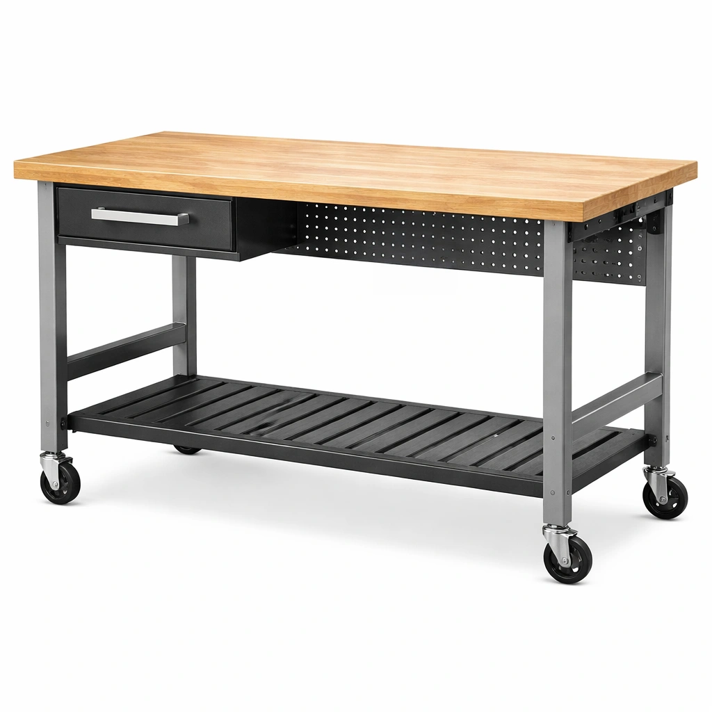 Banco de trabajo de madera y metal con ruedas 152x61x97 cm-furnerio