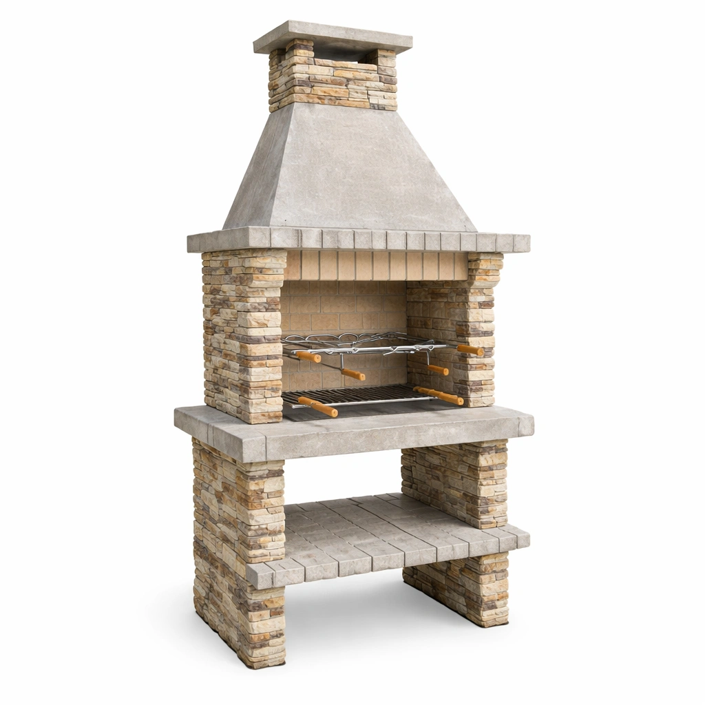 Barbacoa de hormigón y piedra con chimenea-furnerio