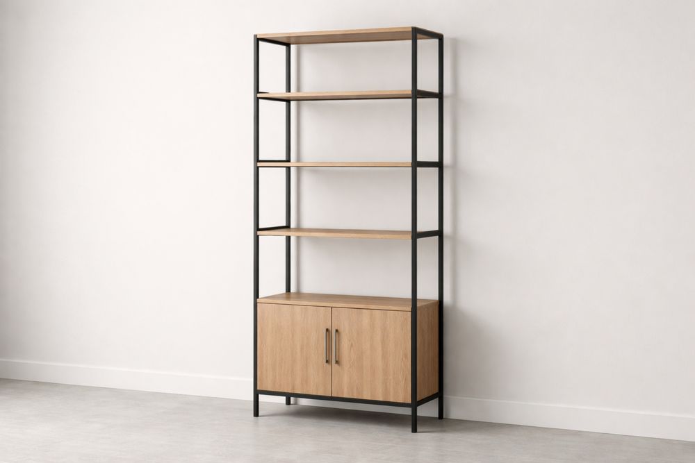 Industrial Bookcase with Cabinet Oak and Black Metal Frame-Glamourlofteu