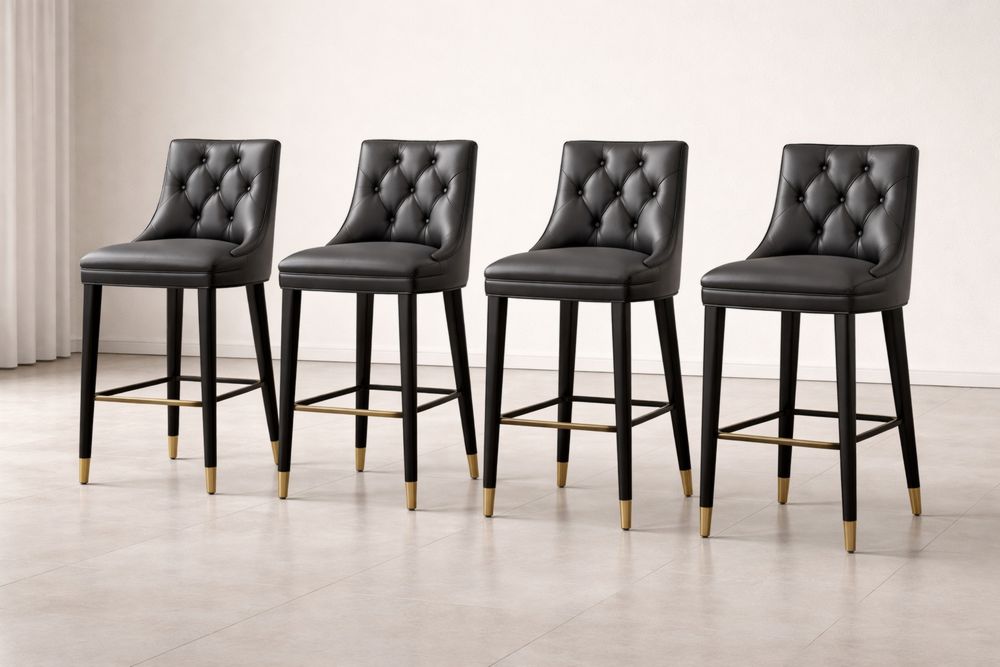 Set of 4 Black Faux Leather Bar Stools with Gold Accents-Glamourlofteu