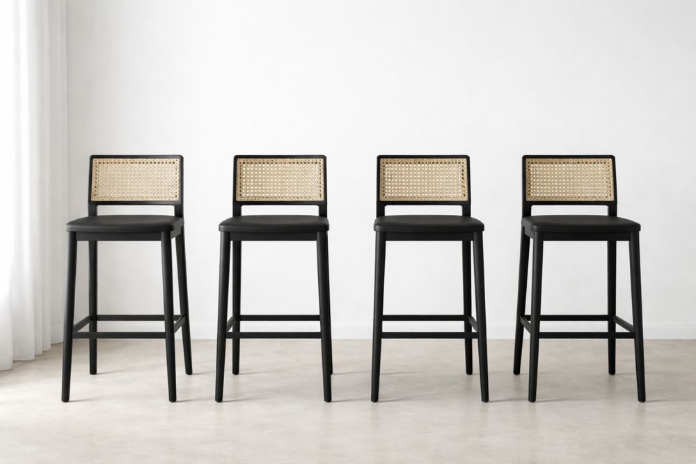 Set of 4 Black Wood and Cane Bar Stools with Black Faux Leather Seat-Glamourlofteu