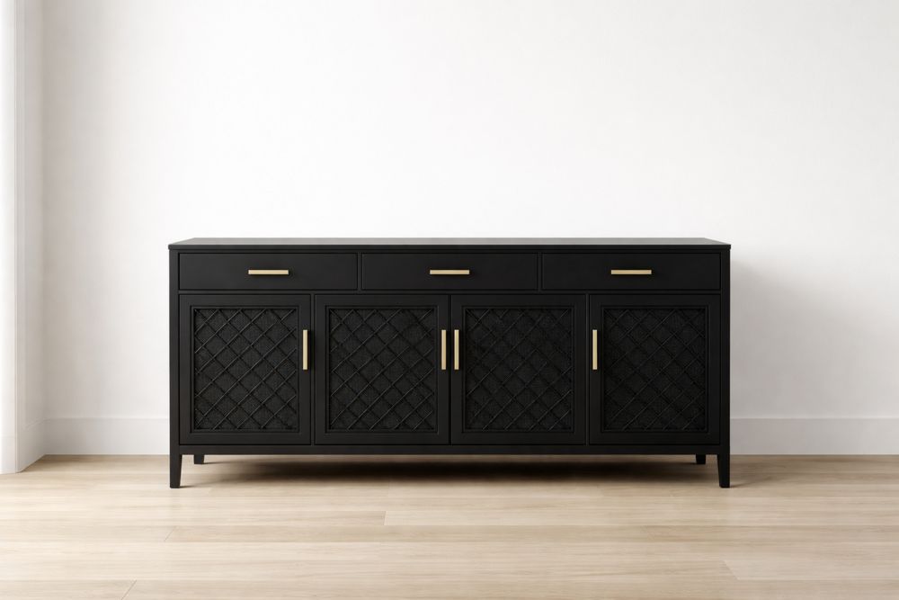 Black Wood Sideboard with Gold Handles and Textured Doors-Glamourlofteu