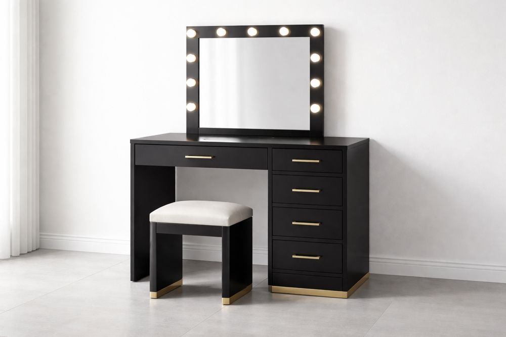 Black Vanity Desk Set with Mirror and Lights 5 Drawers Gold Accents-Glamourlofteu