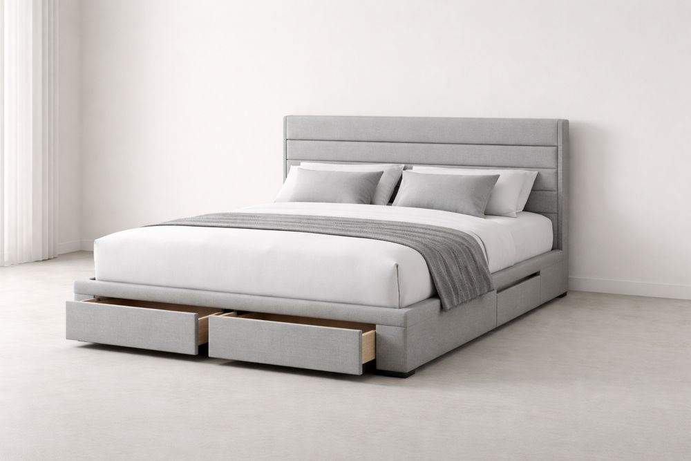King Size Upholstered Storage Bed with Headboard and Drawers - Grey Fabric-Glamourlofteu