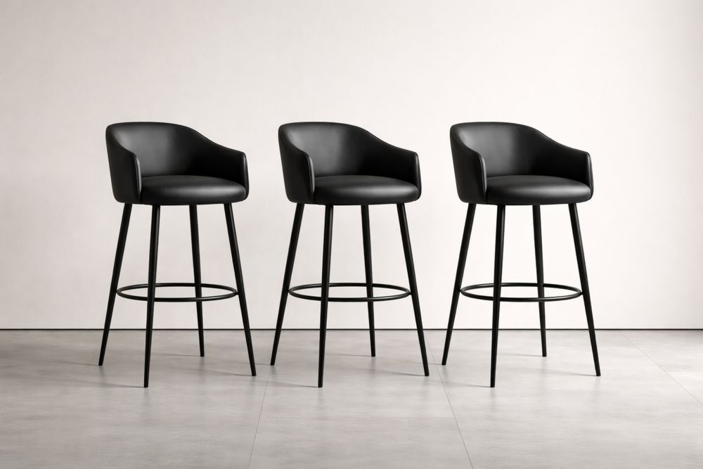 Black Faux Leather Bar Stools with Metal Frame and Footrest, Set of 3-Glamourlofteu