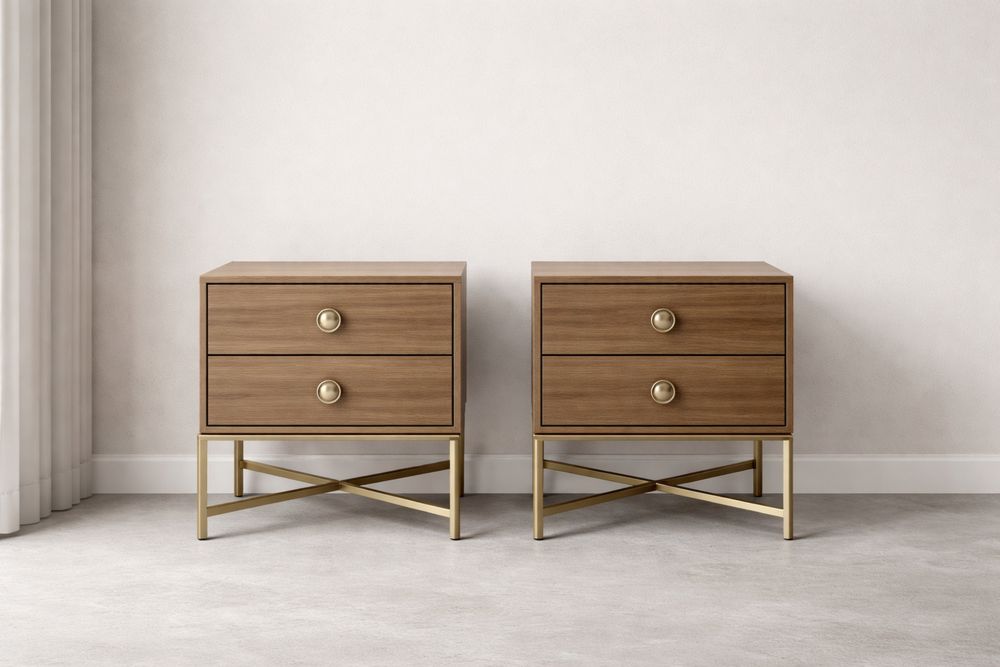 Walnut Nightstand Set with Brass Base and Two Drawers-Glamourlofteu