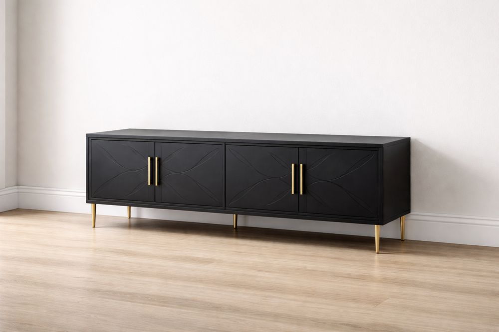 Black Wooden Media Console with Gold Metal Legs-Glamourlofteu