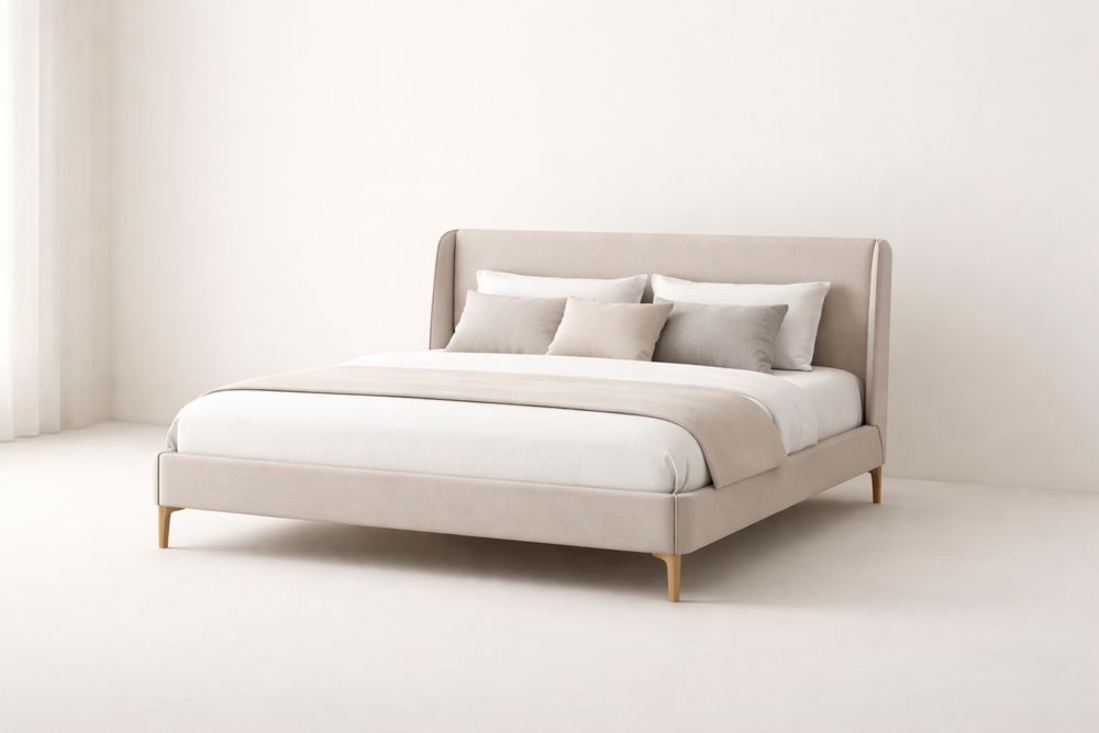 Upholstered Bed Frame with Linen and Wood in Light Beige-Glamourlofteu