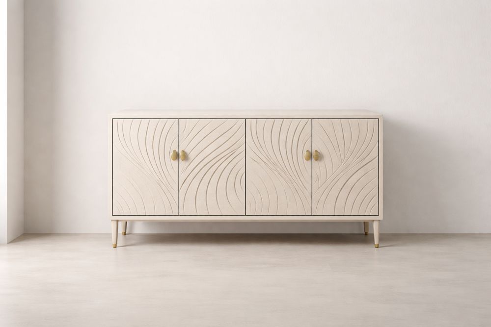 Wood Sideboard with Carved Doors and Brass Handles  White-Glamourlofteu