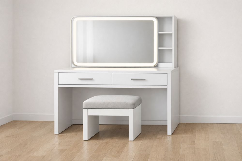 White MDF and Glass Vanity Table Set with LED Mirror and Fabric Upholstered Stool-Glamourlofteu