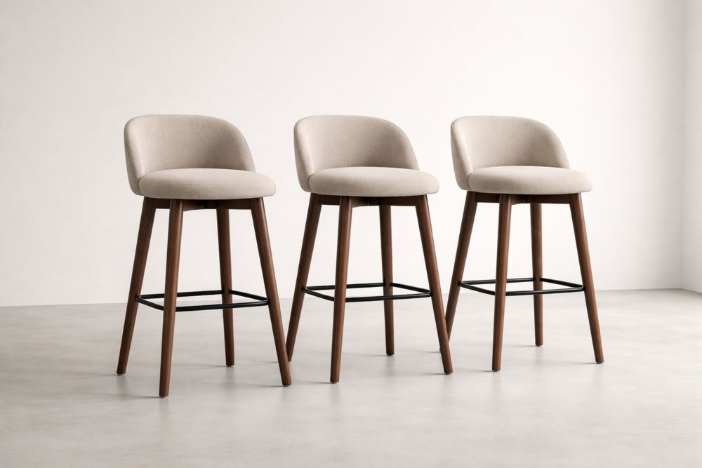 Set of 3 Beige Upholstered Bar Stools with Walnut Legs-Glamourlofteu