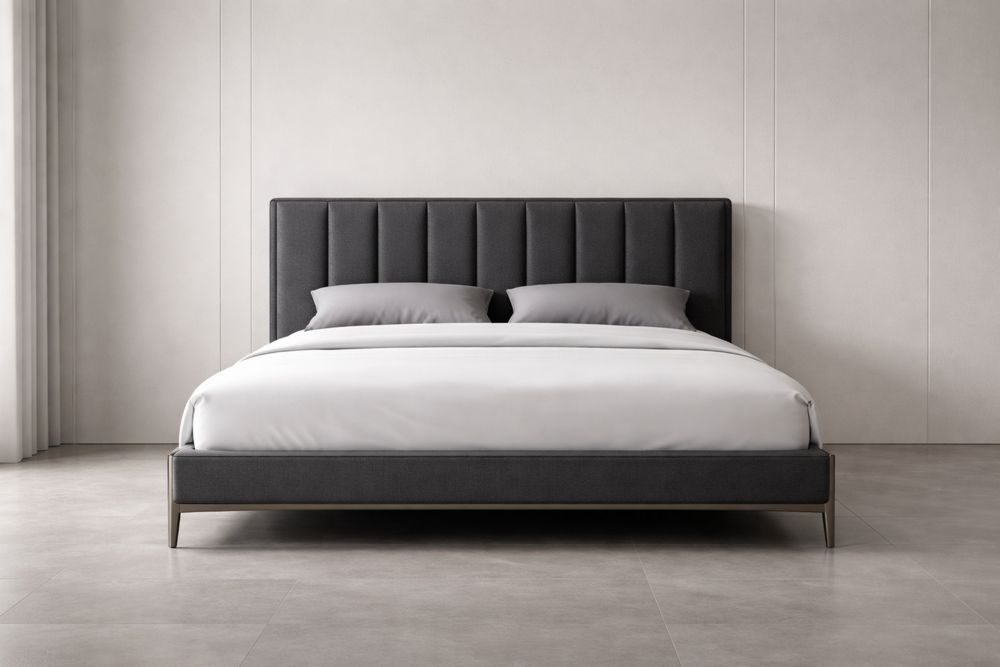 Upholstered Platform Bed with Padded Headboard in Dark Gray Fabric-Glamourlofteu