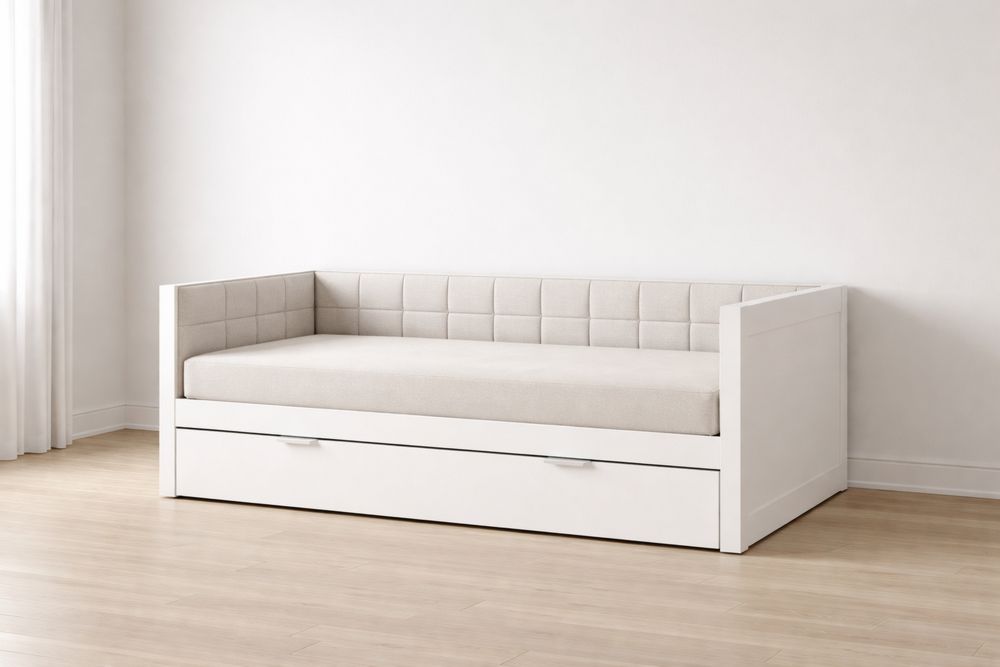 White Wood Daybed with Trundle and Upholstered Headboard-Glamourlofteu