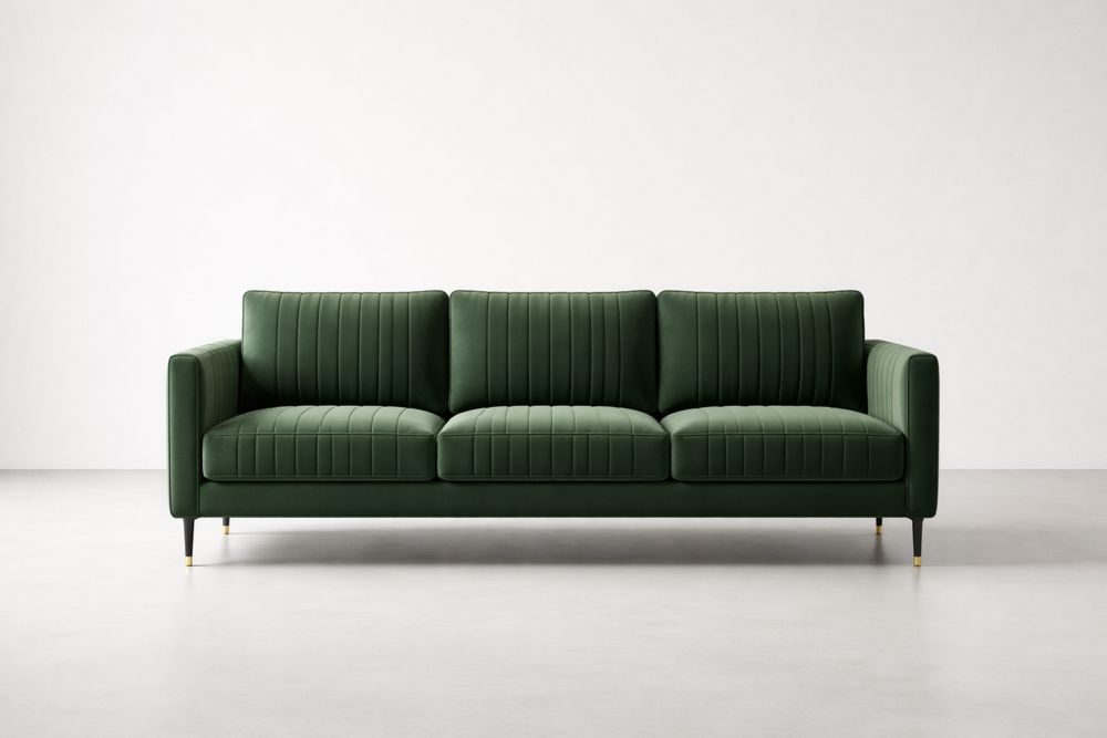 Green Velvet Three-Seater Sofa with Wood Legs-Glamourlofteu