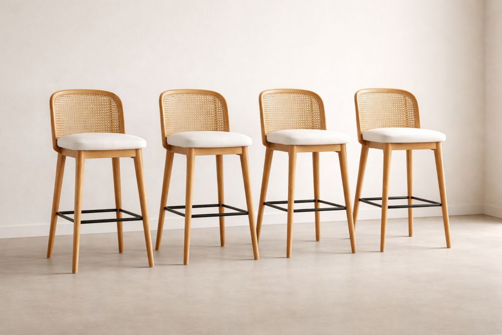 Set of 4 Bar Stools with Rattan Backrest and Cushioned Seat-Glamourlofteu